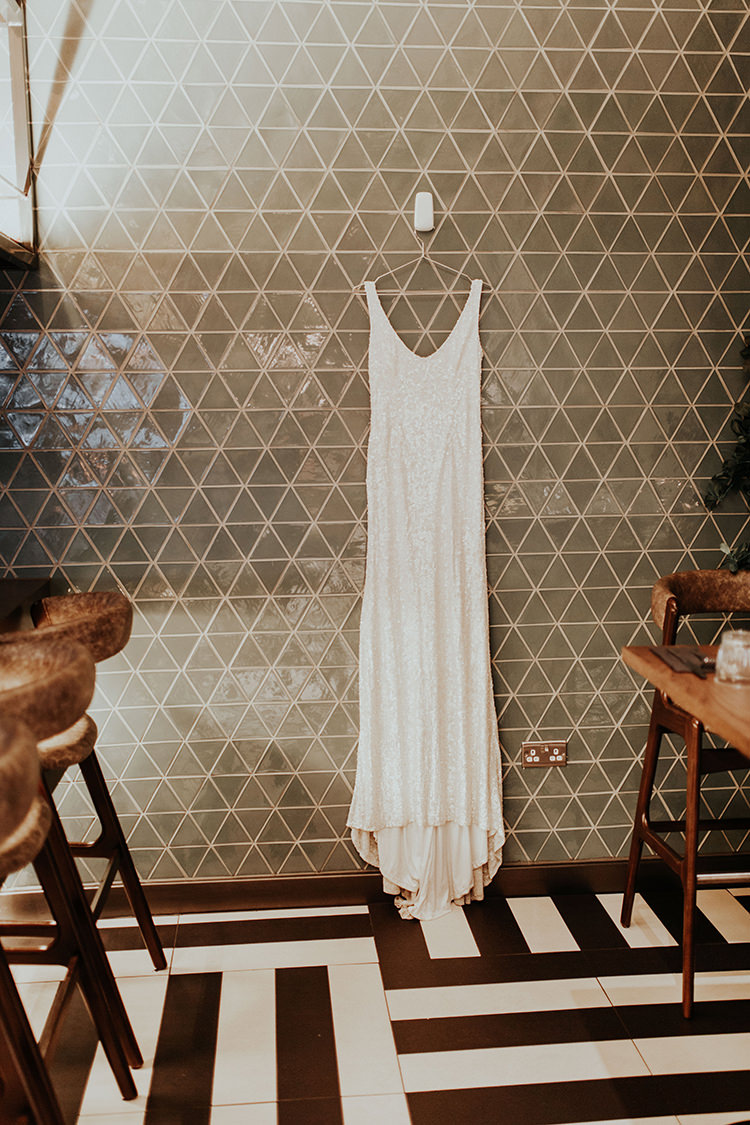 Sequin Dress Gown Bride Bridal White Industrial Greenery City Wedding Ideas https://leahlombardi.com/