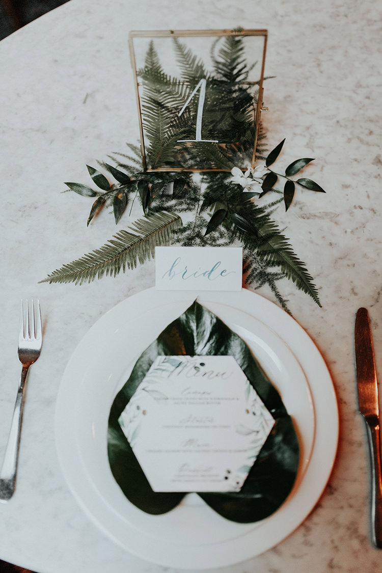 Foliage Leaves Ferns Place Setting Table Number Frame Transparent Industrial Greenery City Wedding Ideas https://leahlombardi.com/