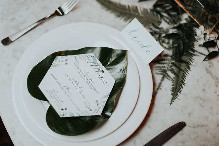 Stationery Green White Menu Geometric Calligraphy Botanical Leaves Industrial Greenery City Wedding Ideas https://leahlombardi.com/
