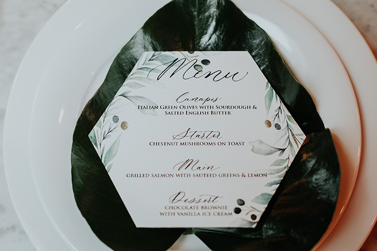 Stationery Green White Menu Geometric Calligraphy Botanical Leaves Industrial Greenery City Wedding Ideas https://leahlombardi.com/