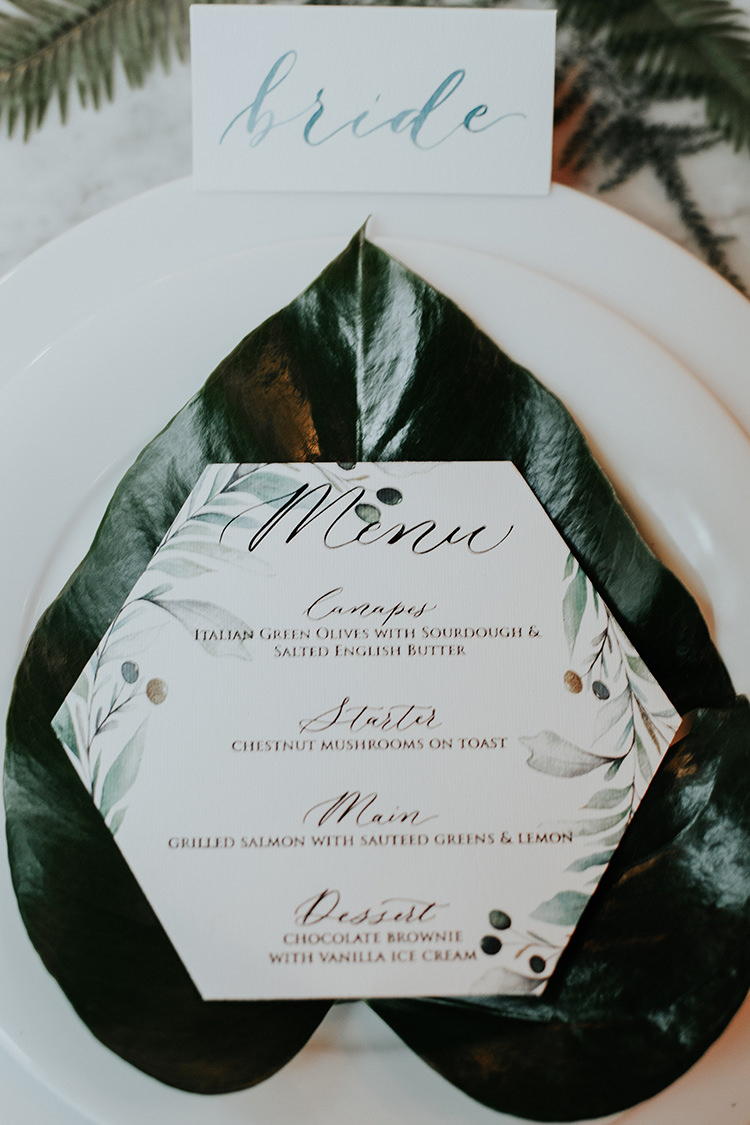 Stationery Green White Menu Geometric Calligraphy Botanical Leaves Industrial Greenery City Wedding Ideas https://leahlombardi.com/