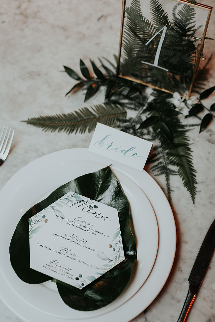 Foliage Leaves Ferns Place Setting Table Number Frame Transparent Industrial Greenery City Wedding Ideas https://leahlombardi.com/