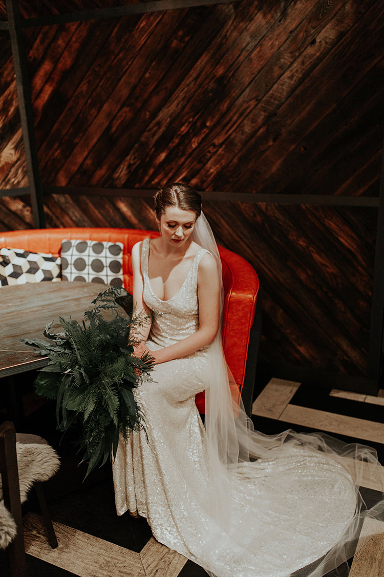 Sequin Dress Gown Bride Bridal Embellished Beaded White Industrial Greenery City Wedding Ideas https://leahlombardi.com/