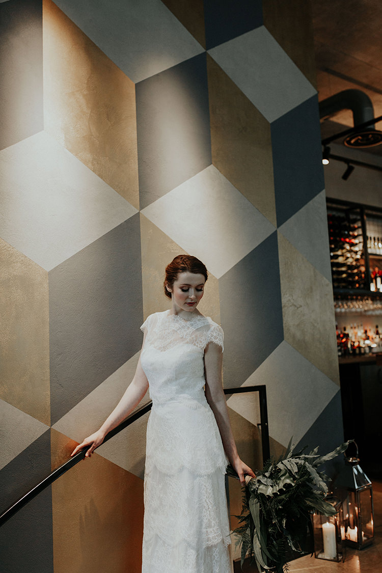 Lace Dress Gown Bride Bridal High Neckline Tier Industrial Greenery City Wedding Ideas https://leahlombardi.com/