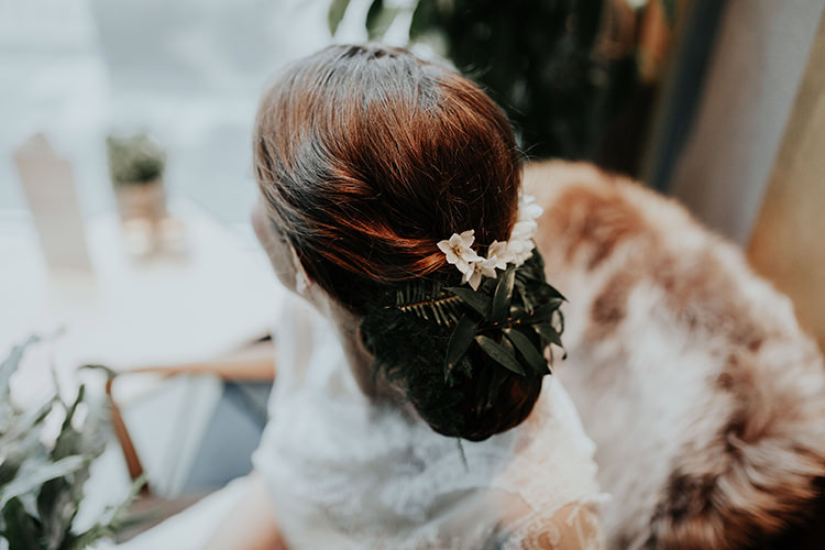 Hair Bride Bridal Flowers Leaves Foliage Up Do Style Industrial Greenery City Wedding Ideas https://leahlombardi.com/