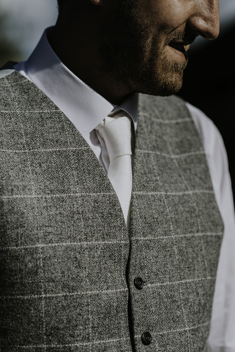 Grey Check Waistcoat White Tie Groom Groomsmen Enchanting Country Barn Wedding http://www.dmcclane.com/