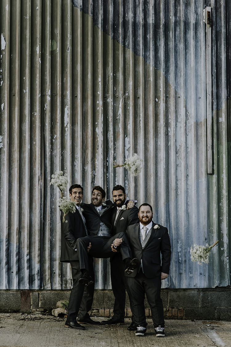 Grey Suits Waistcoats Groom Groomsmen Enchanting Country Barn Wedding http://www.dmcclane.com/ 
