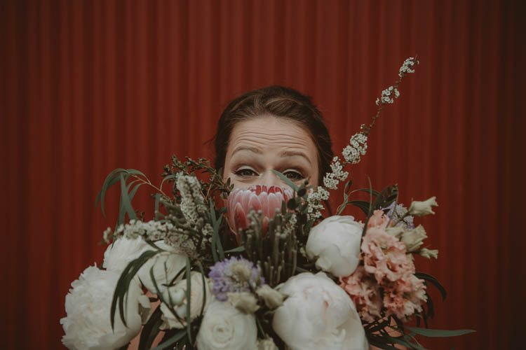 Bouquet Flowers King Protea Peony Bridesmaid Whimsical Modern Rustic Barn Wedding http://photomagician.co.uk/