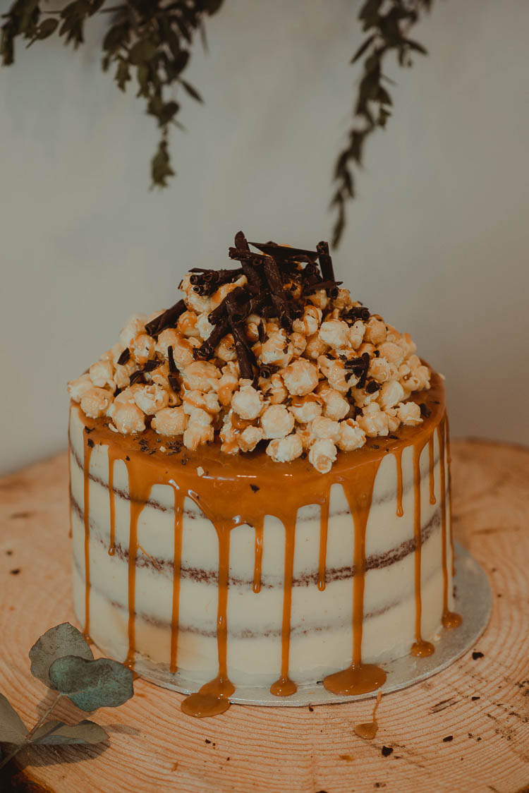Drip Cake Semi Naked Buttercream Pop Corn Whimsical Modern Rustic Barn Wedding http://photomagician.co.uk/