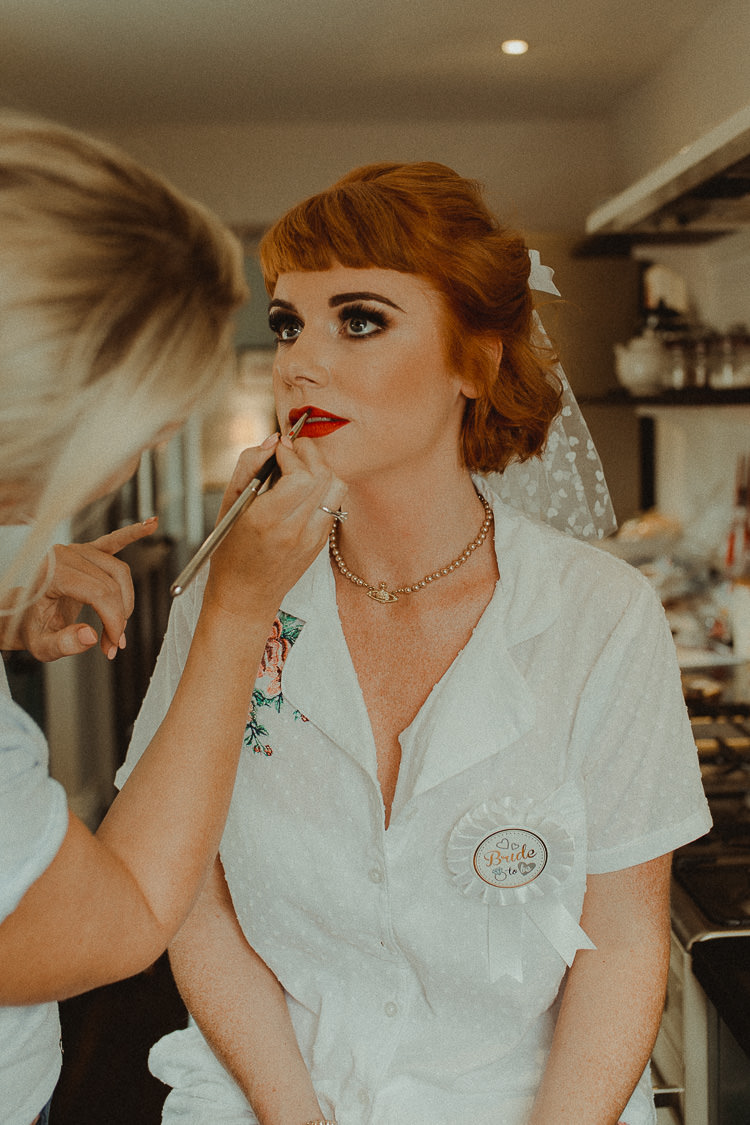 Vintage Make Up Bride Bridal Beauty Hair Fringe Bangs Eclectic Kitsch Retro Fete Wedding http://www.belleartphotography.com/