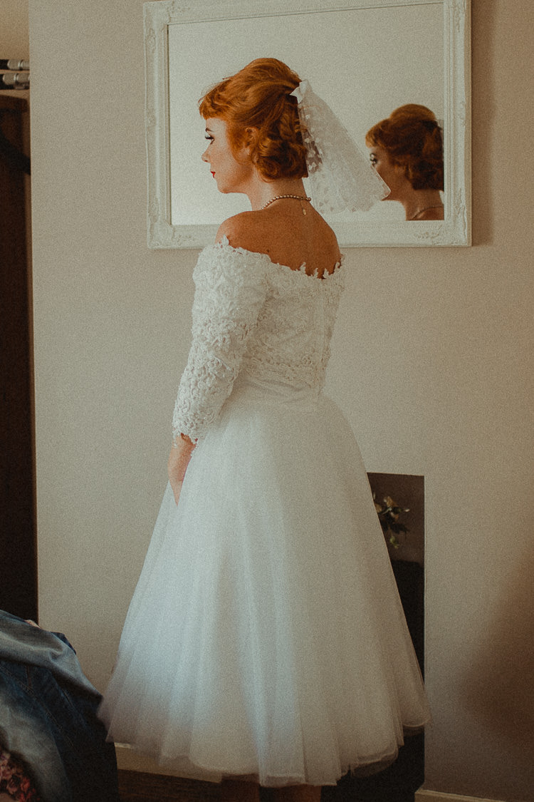 Vintage Off Shoulder Dress Gown Bride Bridal Short Bardot Sleeves Eclectic Kitsch Retro Fete Wedding http://www.belleartphotography.com/
