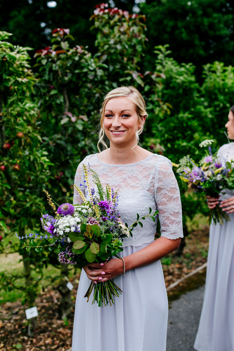 House of Fraser Bridesmaids Lace Sleeves Bouquet Purple Herbs Greenery Stylish Sassy Gin Wedding http://epiclovestory.co.uk/