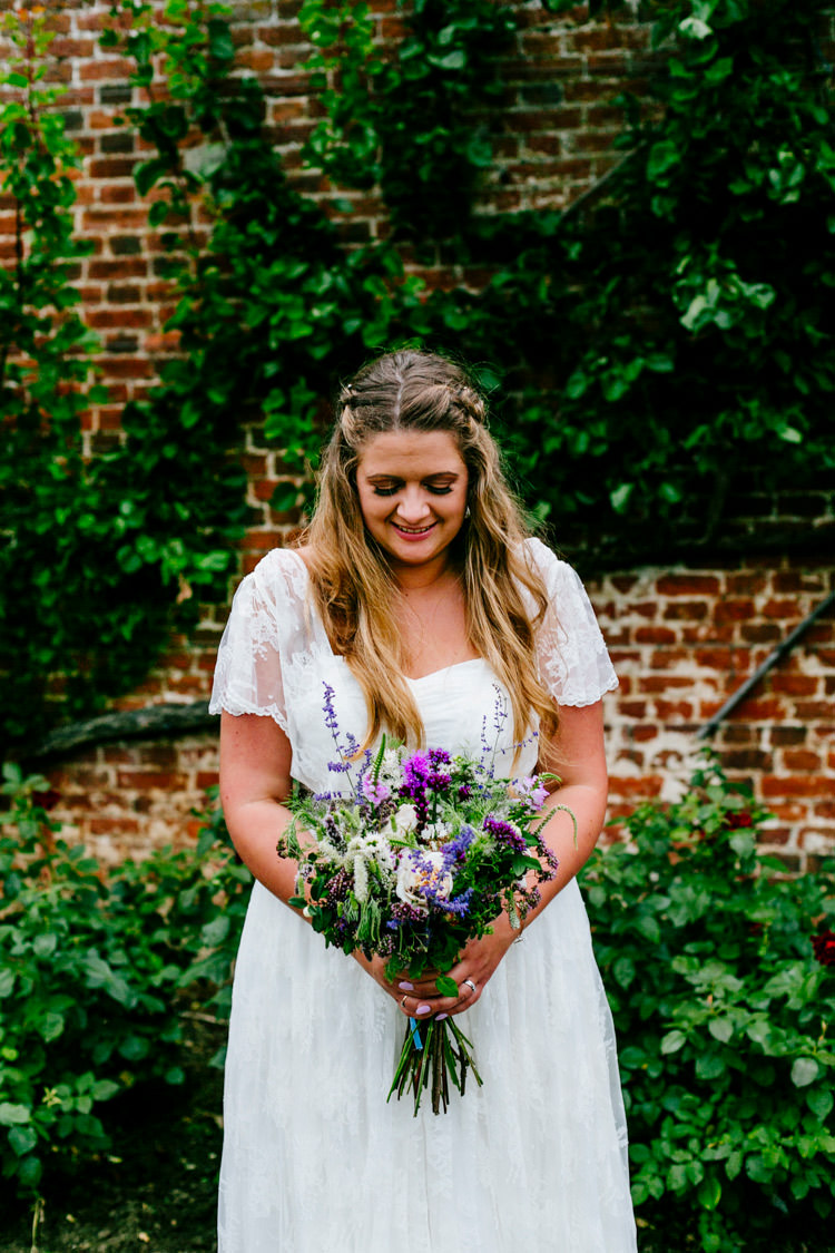 Bride Bridal Dress Gown Charlie Brear Strapless Overdress Belt Bouquet Wild Purple Foliage Greenery Lavender Stylish Sassy Gin Wedding http://epiclovestory.co.uk/