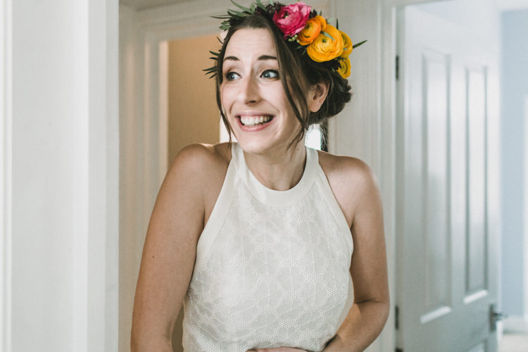 Ranunculus Flower Crown Bride Bridal Cool Indie City Wedding Leather Jackets Dinosaurs http://www.charlottehuphotography.co.uk/