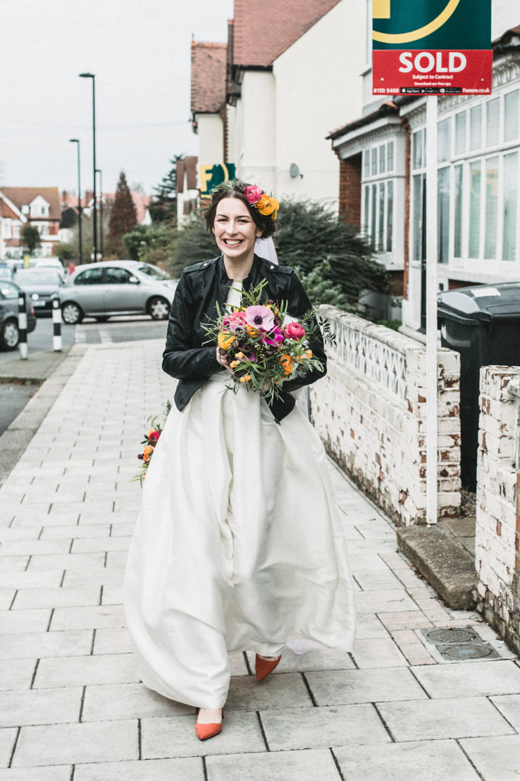 Charlie Brear Dress Gown Bride Bridal Cool Indie City Wedding Leather Jackets Dinosaurs http://www.charlottehuphotography.co.uk/