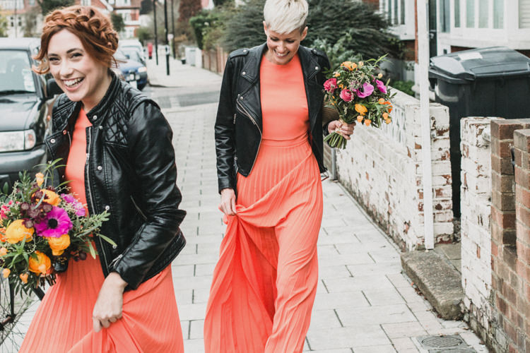Bridesmaids Coral Dresses Cool Indie City Wedding Leather Jackets Dinosaurs http://www.charlottehuphotography.co.uk/