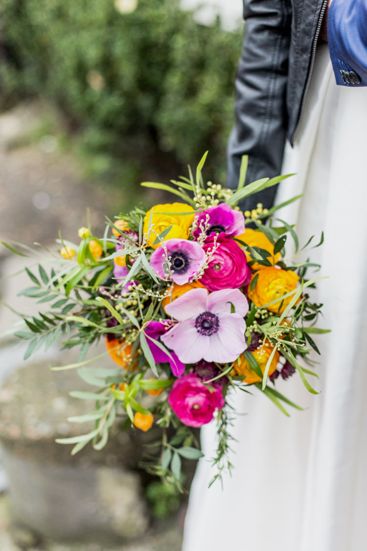 Ranunculus Bouquet Flowers Bride Bridal Pink Yellow Cool Indie City Wedding Leather Jackets Dinosaurs http://www.charlottehuphotography.co.uk/