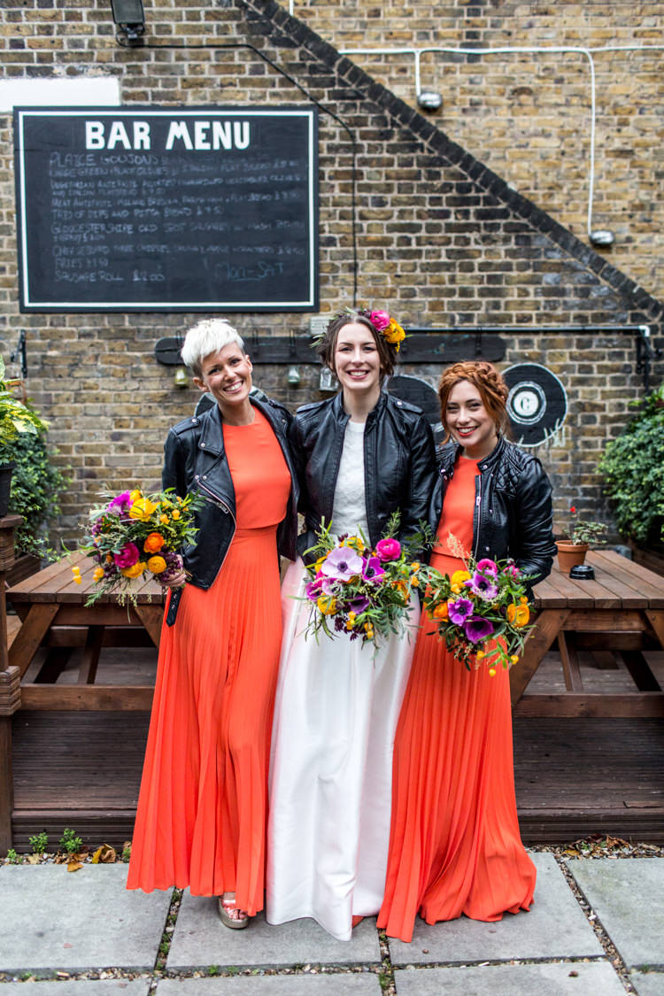 Bridesmaids Bride Accessories Coral Dress Outfit Cool Indie City Wedding Leather Jackets Dinosaurs http://www.charlottehuphotography.co.uk/