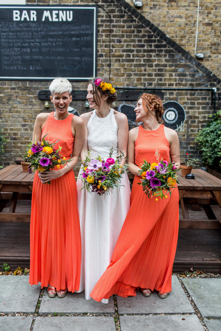 Long Coral Bridesmaid Maxi Dresses Cool Indie City Wedding Leather Jackets Dinosaurs http://www.charlottehuphotography.co.uk/