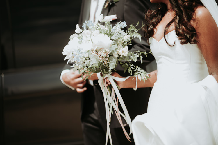 Bouquets Flowers Greenery Peonies White Ribbons Bride Bridal Modern Rose Gold Barn Wedding https://www.paulfullerkentphotography.com/
