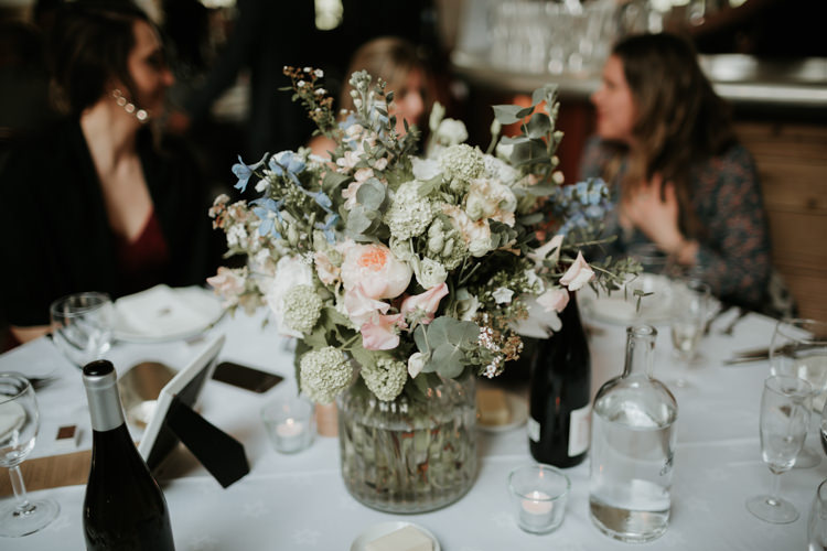 Flowers Centrepiece Rose Peach Blue Decor Modern Rose Gold Barn Wedding https://www.paulfullerkentphotography.com/