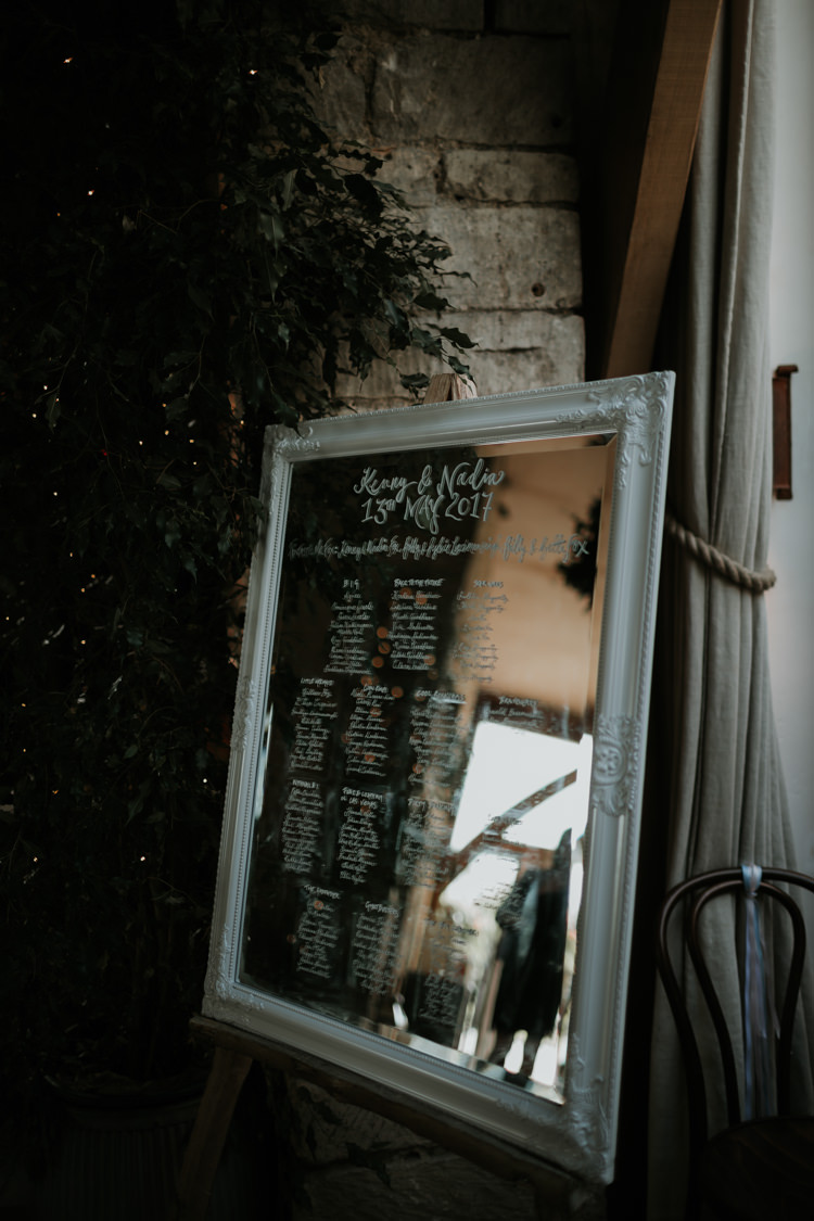 Mirror Frame Seating Plan Table Chart Modern Rose Gold Barn Wedding https://www.paulfullerkentphotography.com/