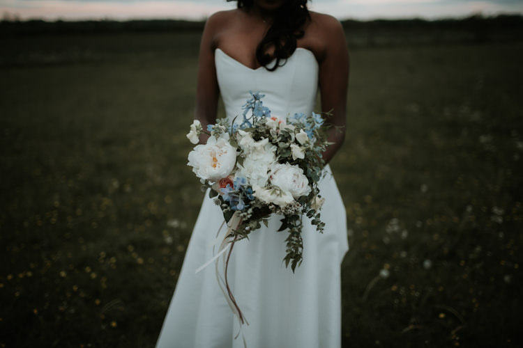 Bouquet Flowers Peach Blue Bride Bridal Peony Ribbon Modern Rose Gold Barn Wedding https://www.paulfullerkentphotography.com/