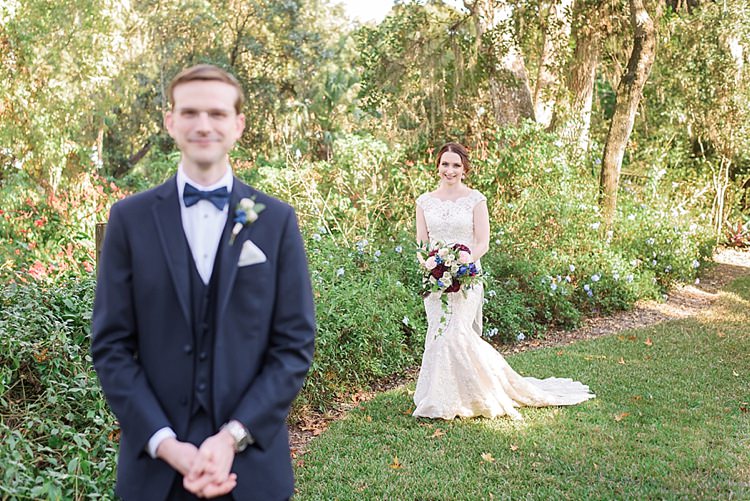 Bride Groom First Look Romantic Twinkling Garden Wedding http://sarahben.com/