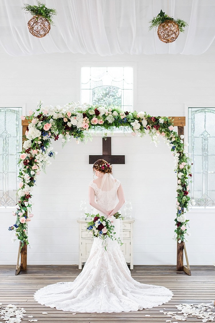 Bride Flower Arch Cross Lace Romantic Twinkling Garden Wedding http://sarahben.com/