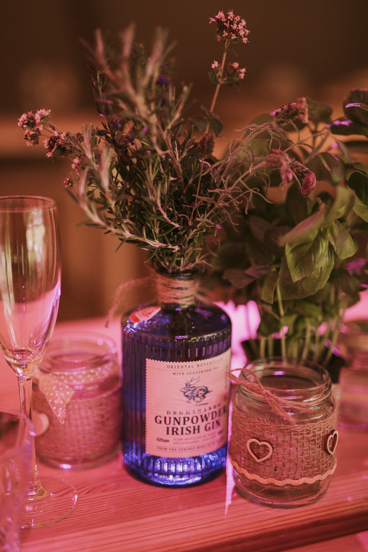 Gin Bottle Flowers Centrepiece Indie Forest Origami Cranes Wedding http://www.alittlepicture.com/