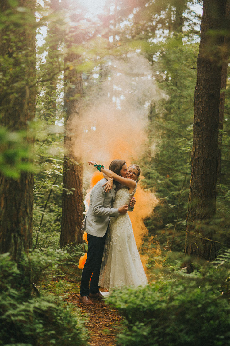 Smoke Bomb Bride Groom Portrait Indie Forest Origami Cranes Wedding http://www.alittlepicture.com/
