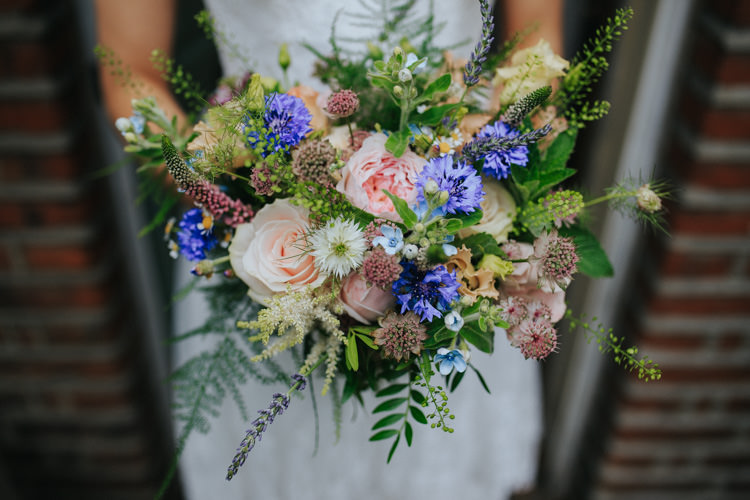 Bouquet Flowers Bride Bridal Rose Pink Fern Nigella Blue Lavender Ethereal Alternative Country Barn Wedding Dark Moody Sky http://joshuapatrickphotography.com/