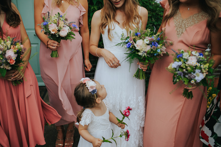 Bridesmaid Bouquet Peach Pink Blue Coral Greenery Ethereal Alternative Country Barn Wedding Dark Moody Sky http://joshuapatrickphotography.com/