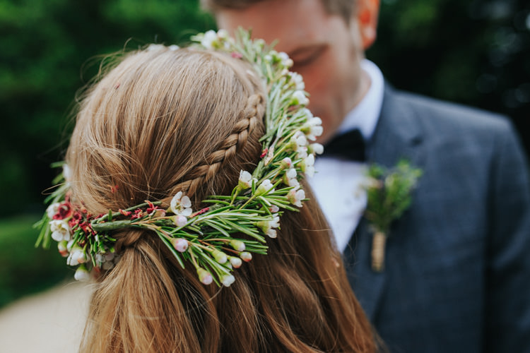 Bride Bridal Hair Waxflower Flower Crown Circlet Halo Headdress Ethereal Alternative Country Barn Wedding Dark Moody Sky http://joshuapatrickphotography.com/