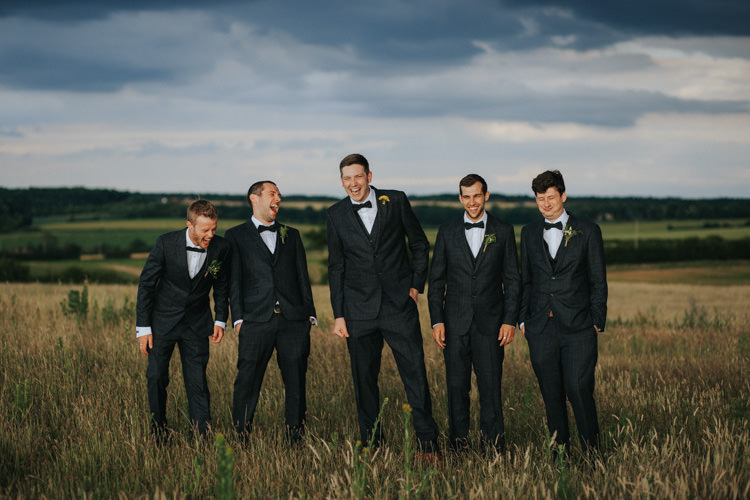 Grey Check Suits Bow Ties Groom Groomsmen Ethereal Alternative Country Barn Wedding Dark Moody Sky http://joshuapatrickphotography.com/