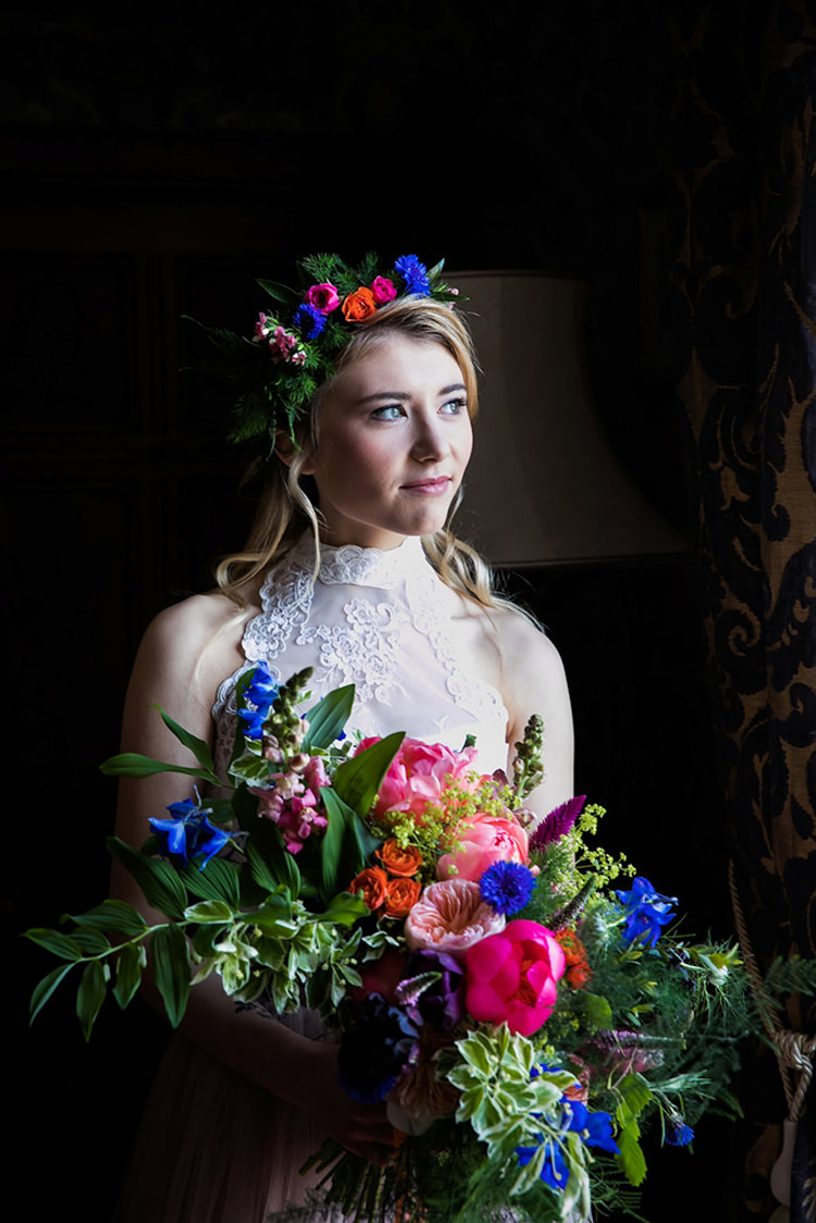 Bouquet Bride Bridal Pink Peony Peonies Rose Blue Foliage Greenery Crown Her Heart Was A Secret Garden Wedding Ideas Woodland Colourful Spring Bluebells Flowers http://sarabeaumontphotography.com/