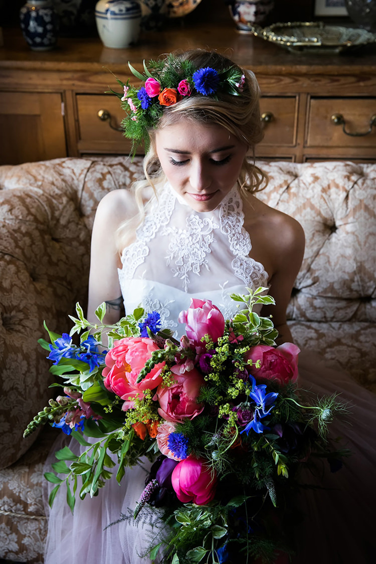 Bouquet Bride Bridal Pink Peony Peonies Rose Blue Foliage Greenery Crown Her Heart Was A Secret Garden Wedding Ideas Woodland Colourful Spring Bluebells Flowers http://sarabeaumontphotography.com/