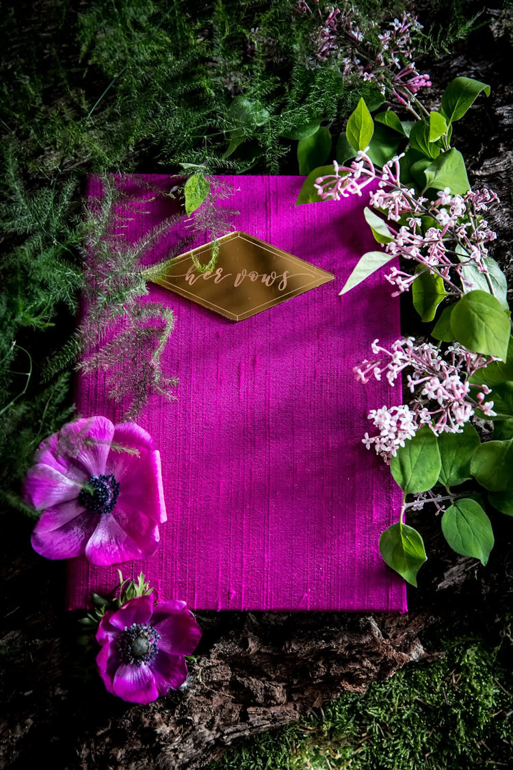 Vows Book Ceremony Her Heart Was A Secret Garden Wedding Ideas Woodland Colourful Spring Bluebells Flowers http://sarabeaumontphotography.com/
