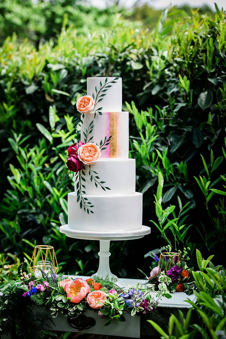 Cake Tall Table Floral Watercolour Her Heart Was A Secret Garden Wedding Ideas Woodland Colourful Spring Bluebells Flowers http://sarabeaumontphotography.com/