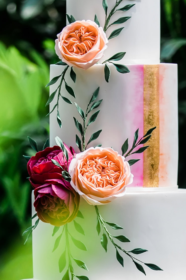 Cake Tall Table Floral Watercolour Her Heart Was A Secret Garden Wedding Ideas Woodland Colourful Spring Bluebells Flowers http://sarabeaumontphotography.com/