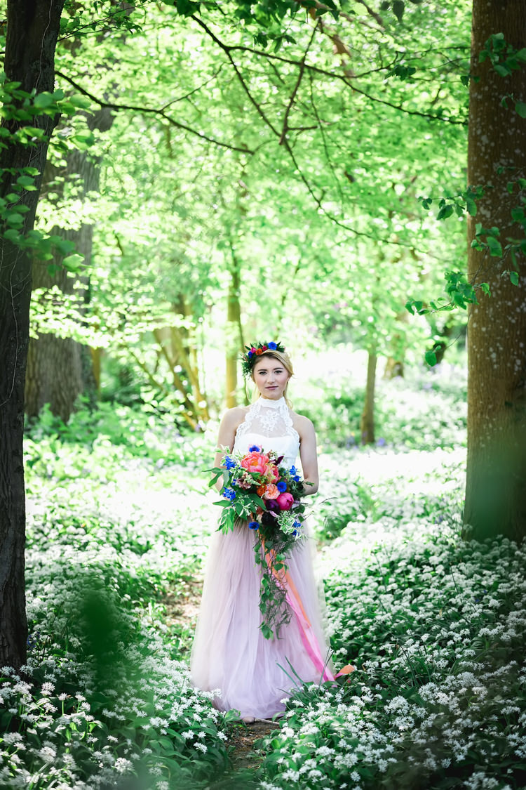 Pink Tulle Skirt Bride Bridal Dress Gown Her Heart Was A Secret Garden Wedding Ideas Woodland Colourful Spring Bluebells Flowers http://sarabeaumontphotography.com/