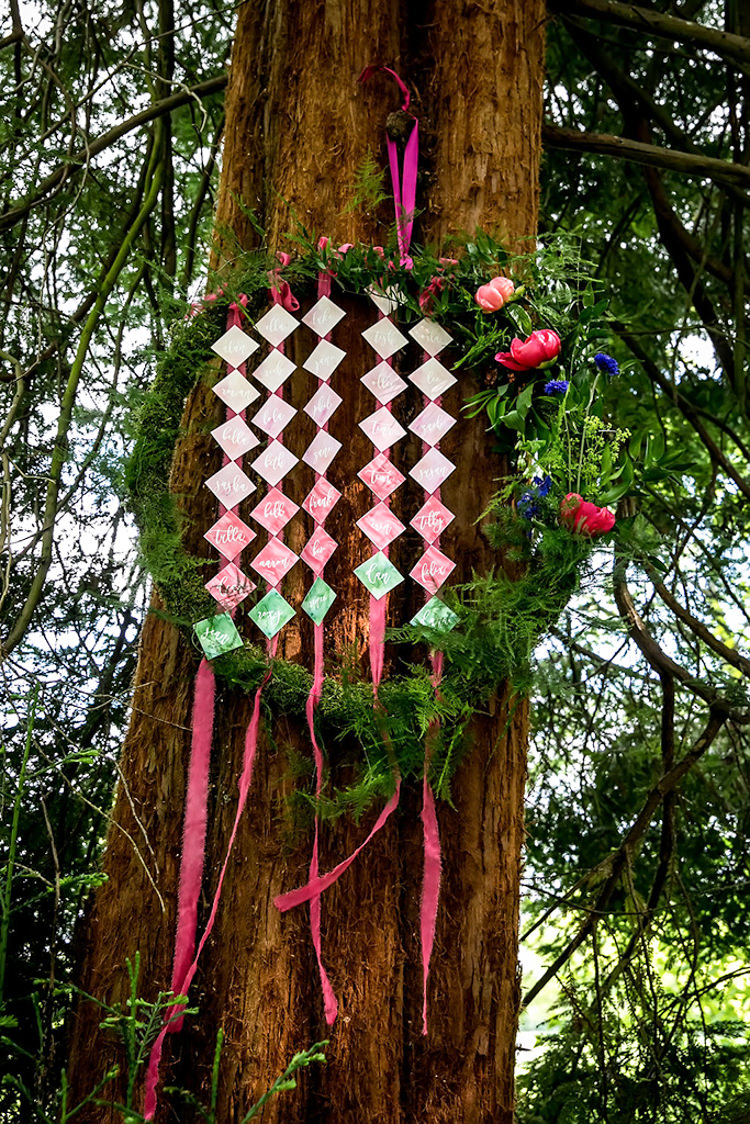 Seating Plan Table Chart Tree Moss Wreath Pink Green Her Heart Was A Secret Garden Wedding Ideas Woodland Colourful Spring Bluebells Flowers http://sarabeaumontphotography.com/