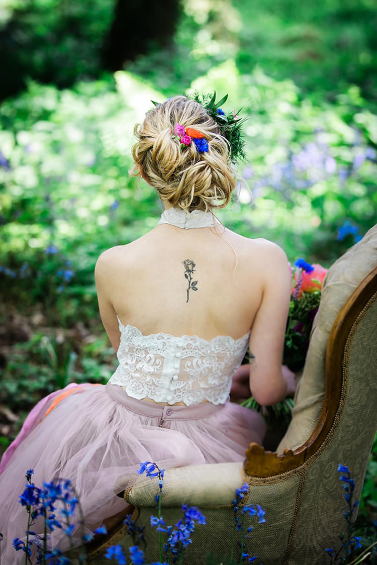 Hair Up Do Style Bride Bridal Back Tattoo Her Heart Was A Secret Garden Wedding Ideas Woodland Colourful Spring Bluebells Flowers http://sarabeaumontphotography.com/