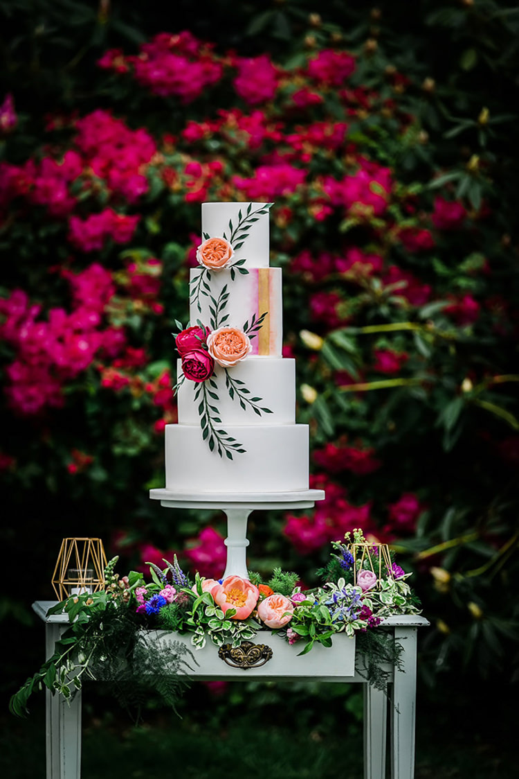 Cake Tall Table Floral Watercolour Her Heart Was A Secret Garden Wedding Ideas Woodland Colourful Spring Bluebells Flowers http://sarabeaumontphotography.com/
