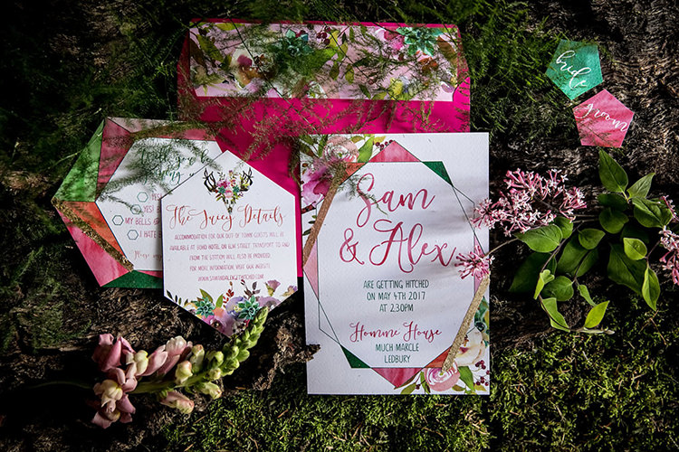 Stationery Invites Invitations Pink Green Her Heart Was A Secret Garden Wedding Ideas Woodland Colourful Spring Bluebells Flowers http://sarabeaumontphotography.com/