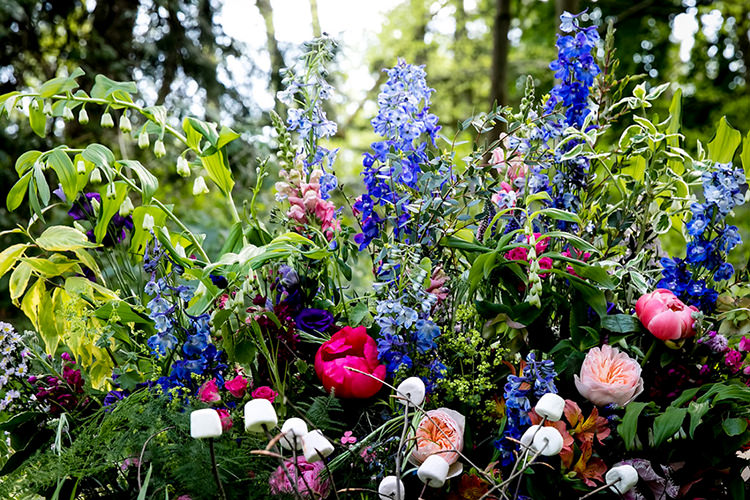 Bouquet Bride Bridal Pink Peony Peonies Rose Blue Foliage Greenery Her Heart Was A Secret Garden Wedding Ideas Woodland Colourful Spring Bluebells Flowers http://sarabeaumontphotography.com/