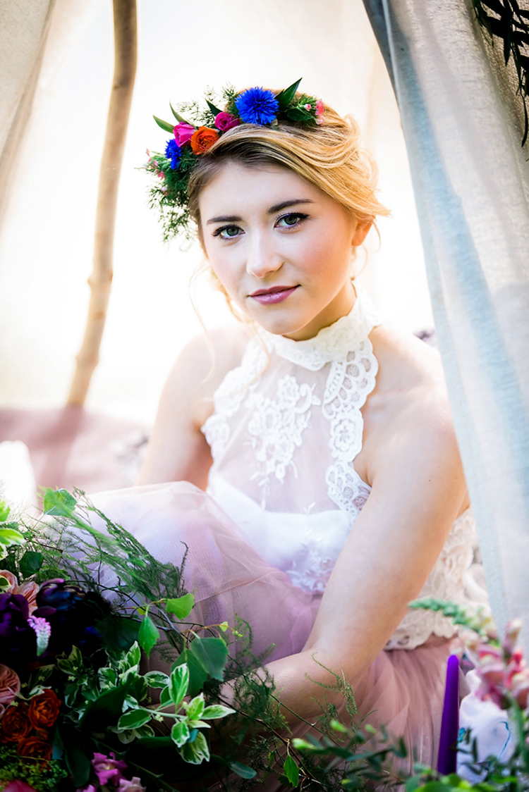 Bouquet Bride Bridal Pink Peony Peonies Rose Blue Foliage Greenery Crown Her Heart Was A Secret Garden Wedding Ideas Woodland Colourful Spring Bluebells Flowers http://sarabeaumontphotography.com/