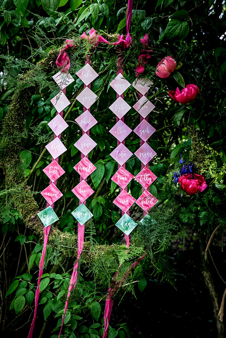 Seating Plan Table Chart Wreath Hanging Ferns Her Heart Was A Secret Garden Wedding Ideas Woodland Colourful Spring Bluebells Flowers http://sarabeaumontphotography.com/