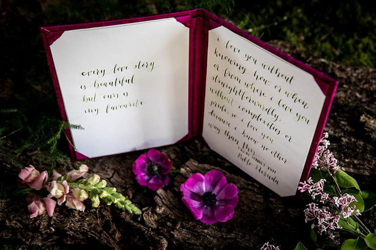 Vows Book Her Heart Was A Secret Garden Wedding Ideas Woodland Colourful Spring Bluebells Flowers http://sarabeaumontphotography.com/