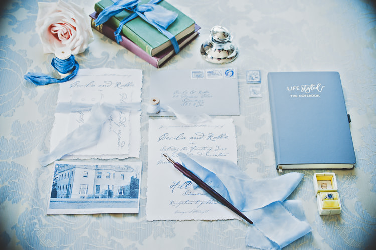 Stationery Letters Suite Calligraphy Blue Ribbons Envelope Stamps Thoroughly Modern Cecilia Atonement Glamorous 1940s Wedding Ideas http://ikonworks.co.uk/